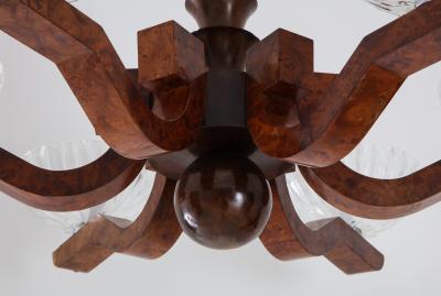 Italian Art Deco Burl Wood and Glass Chandelier