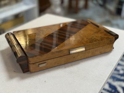 Italian Art Deco Burl Wood and Macassar Ebony Box with Brass Details 1940s