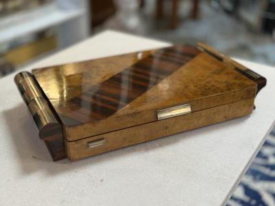 Italian Art Deco Burl Wood and Macassar Ebony Box with Brass Details 1940s