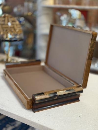 Italian Art Deco Burl Wood and Macassar Ebony Box with Brass Details 1940s