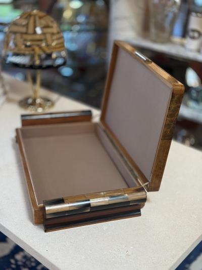 Italian Art Deco Burl Wood and Macassar Ebony Box with Brass Details 1940s