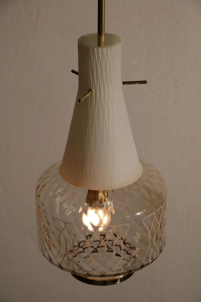 Italian Art Deco Decorative and Satin Glass Hanging Lamp 1950s