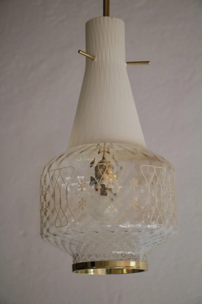 Italian Art Deco Decorative and Satin Glass Hanging Lamp 1950s