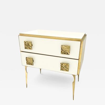 Italian Art Deco Design Modern Cream White Glass 2 Drawer Brass Nightstand Chest