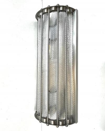 Italian Art Deco Design Pair Crystal Murano Glass Half Moon Satin Nickel Sconces