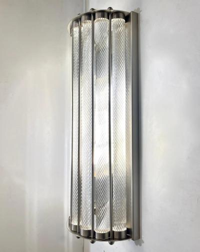 Italian Art Deco Design Pair Crystal Murano Glass Half Moon Satin Nickel Sconces