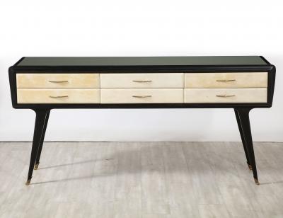 Italian Art Deco Ebonized and Vellum Sideboard with Inset Glass Top circa 1940