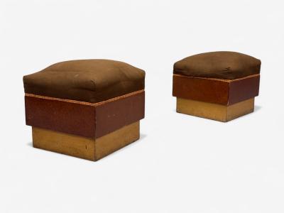 Italian Art Deco Stained Wood Brown Fabric Ottomans or Poufs Italy 1930s