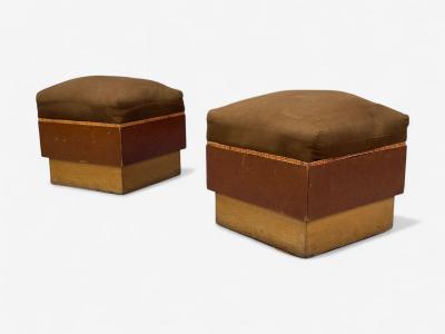 Italian Art Deco Stained Wood Brown Fabric Ottomans or Poufs Italy 1930s