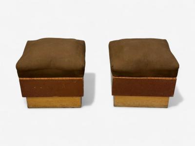 Italian Art Deco Stained Wood Brown Fabric Ottomans or Poufs Italy 1930s