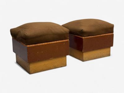 Italian Art Deco Stained Wood Brown Fabric Ottomans or Poufs Italy 1930s