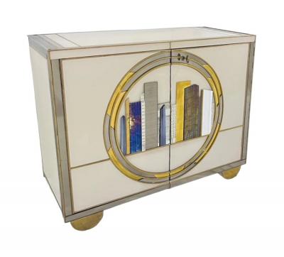 Italian Art Deco Style Cabinet Server with New York Skyline Glass Decoration