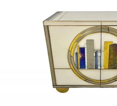 Italian Art Deco Style Cabinet Server with New York Skyline Glass Decoration
