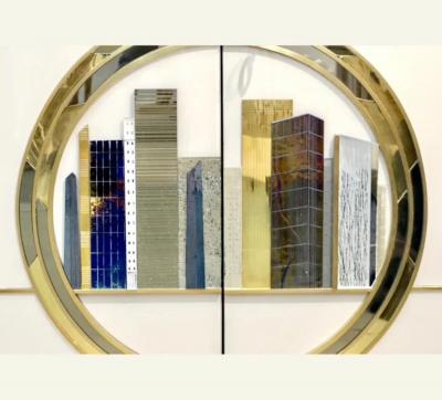 Italian Art Deco Style Cabinet Server with New York Skyline Glass Decoration