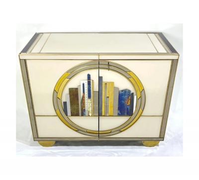 Italian Art Deco Style Cabinet Server with New York Skyline Glass Decoration