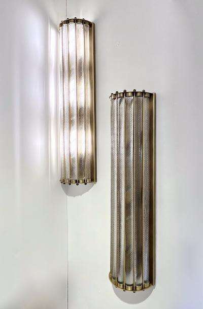 Italian Art Deco Style Crystal Murano Glass Half Moon Tall Bronze Flush Sconces