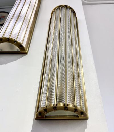 Italian Art Deco Style Crystal Murano Glass Half Moon Tall Bronze Flush Sconces