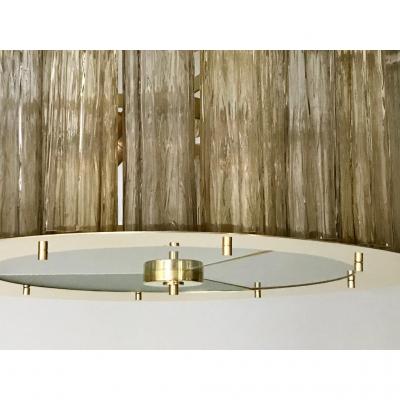 Italian Art Deco Style Crystal Smoked Murano Glass Round Flush Mount on Brass