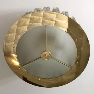 Italian Art Deco Style Crystal Smoked Murano Glass Round Flush Mount on Brass