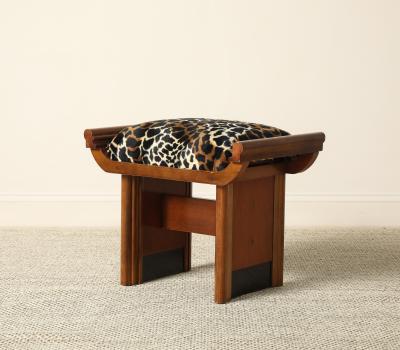 Italian Art Deco Walnut and Leopard Print Stool circa 1940