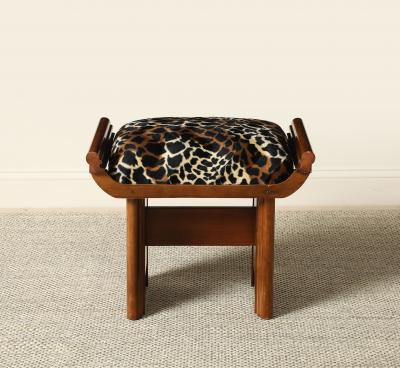 Italian Art Deco Walnut and Leopard Print Stool circa 1940