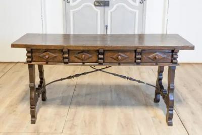 Italian Baroque 17th Century Walnut and Wrought Iron Four Drawer Refectory Table