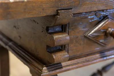 Italian Baroque 17th Century Walnut and Wrought Iron Four Drawer Refectory Table