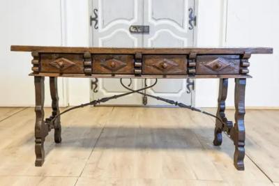 Italian Baroque 17th Century Walnut and Wrought Iron Four Drawer Refectory Table