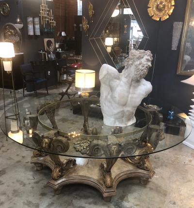 Italian Baroque Painted Carved Wood Round Table circa 1700 with Glass Top