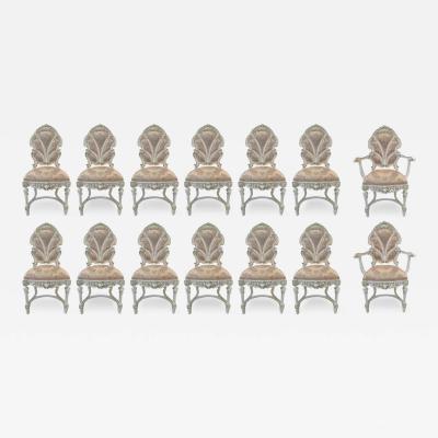 Italian Baroque Style Dining Chair in Antiqued White Silk Upholstery 14 pcs