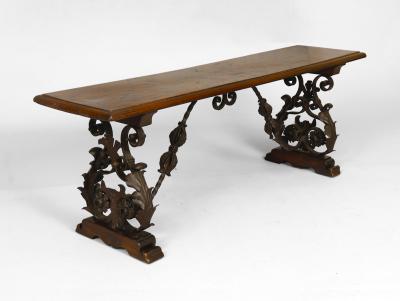 Italian Baroque Style Walnut and Wrought Iron Bench