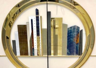 Italian Bespoke Modern Ivory Cabinets with Blue Gold Brass New York City Outline