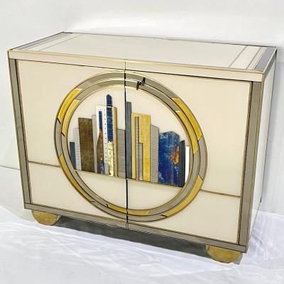 Italian Bespoke Modern Ivory Cabinets with Blue Gold Brass New York City Outline