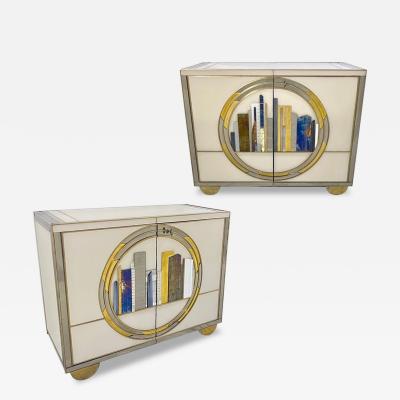 Italian Bespoke Modern Ivory Cabinets with Blue Gold Brass New York City Outline