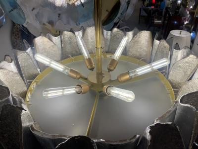 Italian Bespoke Post Modern Silver Amber Murano Glass Round Graphic Chandelier