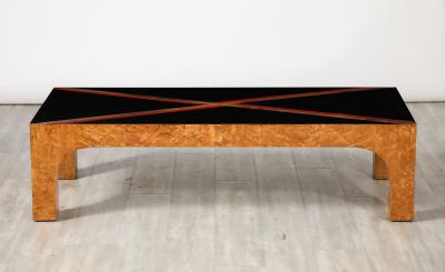 Italian Birds Eye Maple and Black Glass Cocktail Table circa 1970