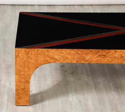 Italian Birds Eye Maple and Black Glass Cocktail Table circa 1970