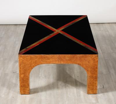 Italian Birds Eye Maple and Black Glass Cocktail Table circa 1970