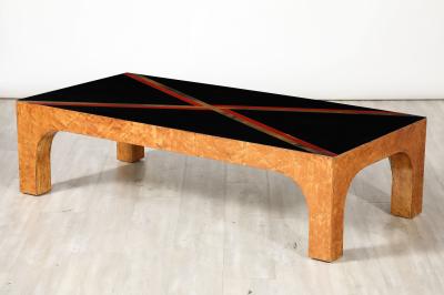 Italian Birds Eye Maple and Black Glass Cocktail Table circa 1970