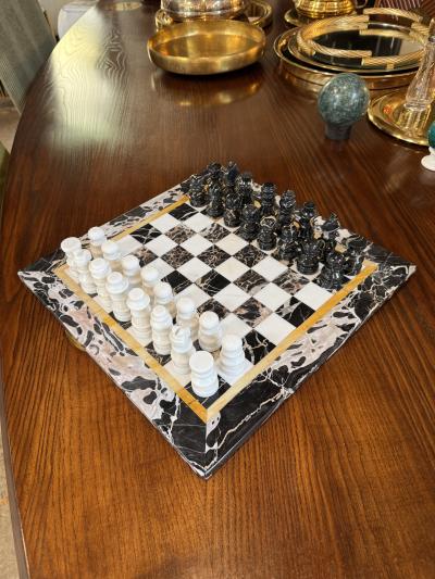 Italian Black and White Marble Chess Set 1970s