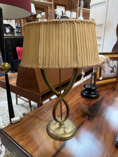Italian Brass Table Lamp with Twisted Loop Base and Pleated Shade 1950s