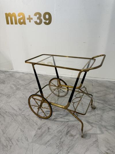 Italian Brass and Glass Bar Cart with Bottle Holder 1950s
