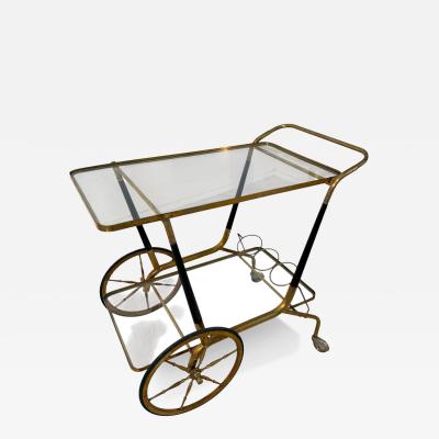 Italian Brass and Glass Bar Cart with Bottle Holder 1950s