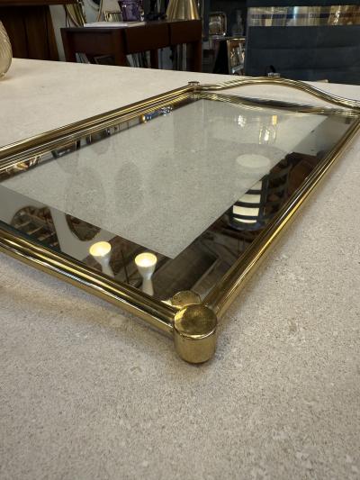 Italian Brass and Glass Rectangular Tray with Curved Handles 1970s