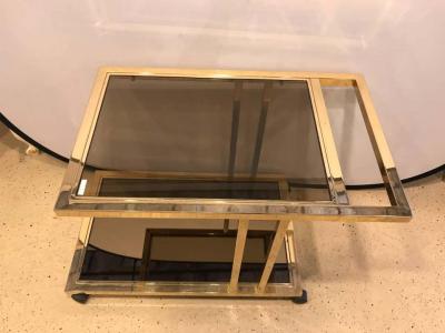 Italian Brass and Smoked Glass Bar Serving Cart On Rolling Casters Two Tie
