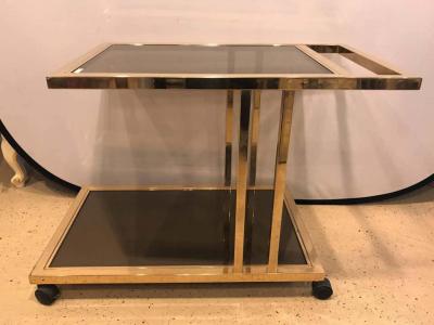 Italian Brass and Smoked Glass Bar Serving Cart On Rolling Casters Two Tie