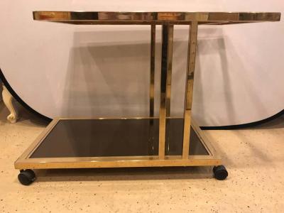 Italian Brass and Smoked Glass Bar Serving Cart On Rolling Casters Two Tie