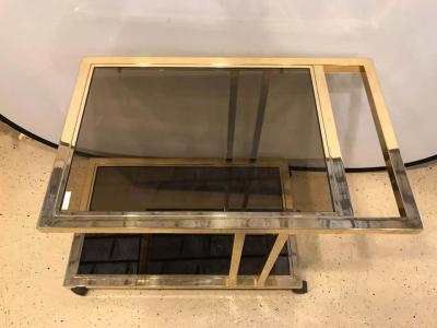 Italian Brass and Smoked Glass Bar Serving Cart On Rolling Casters Two Tie
