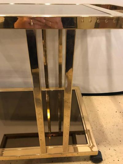 Italian Brass and Smoked Glass Bar Serving Cart On Rolling Casters Two Tie