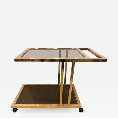 Italian Brass and Smoked Glass Bar Serving Cart On Rolling Casters Two Tie